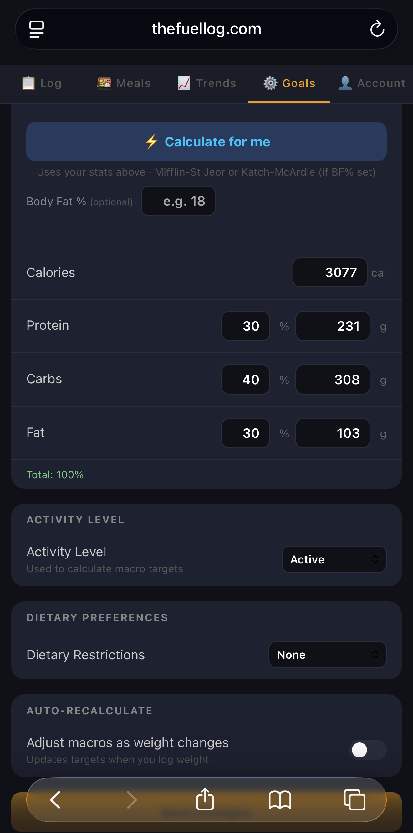 FuelLog goals page