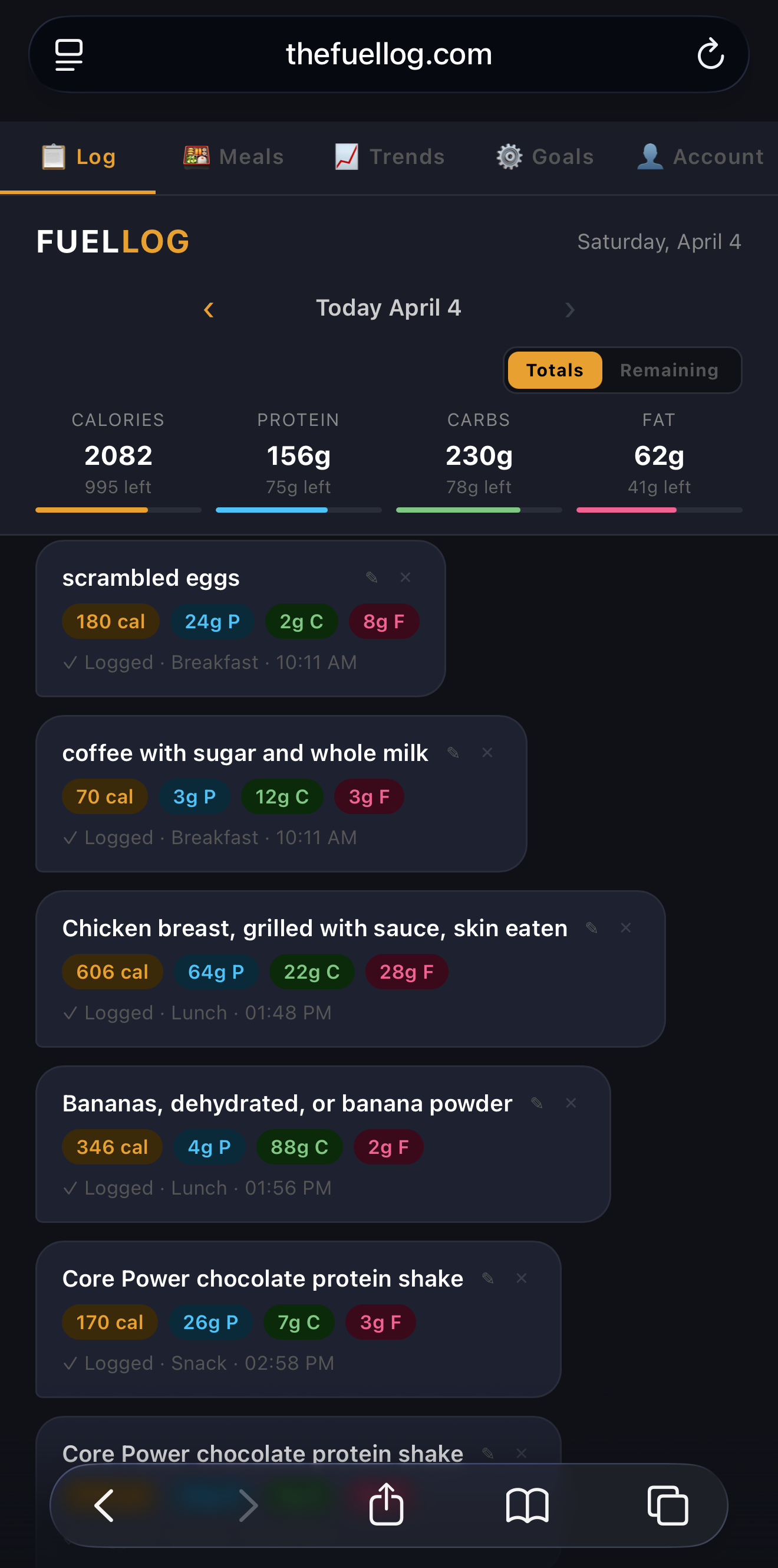 FuelLog daily log screen